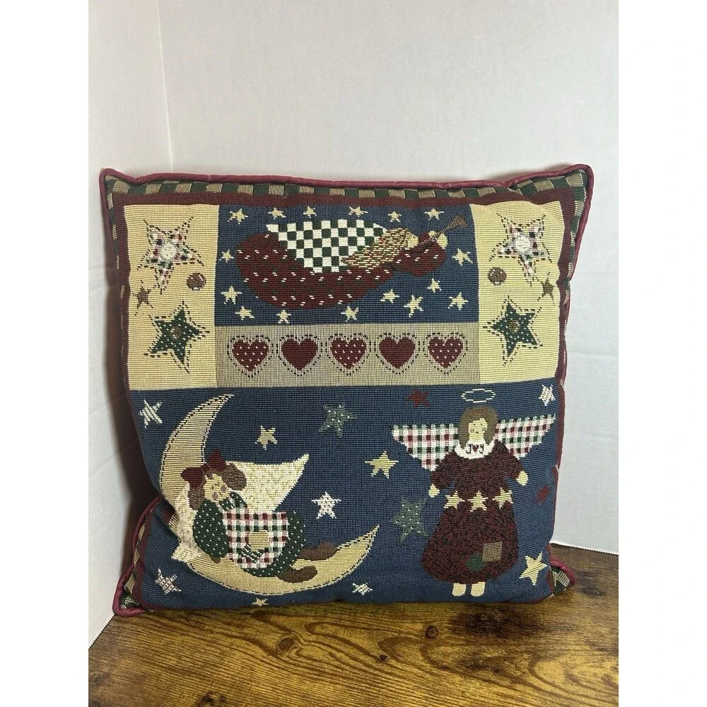 Vintage Christmas Tapestry Pillow Angels Moon Stars Folk Art Cottagecore Decor
